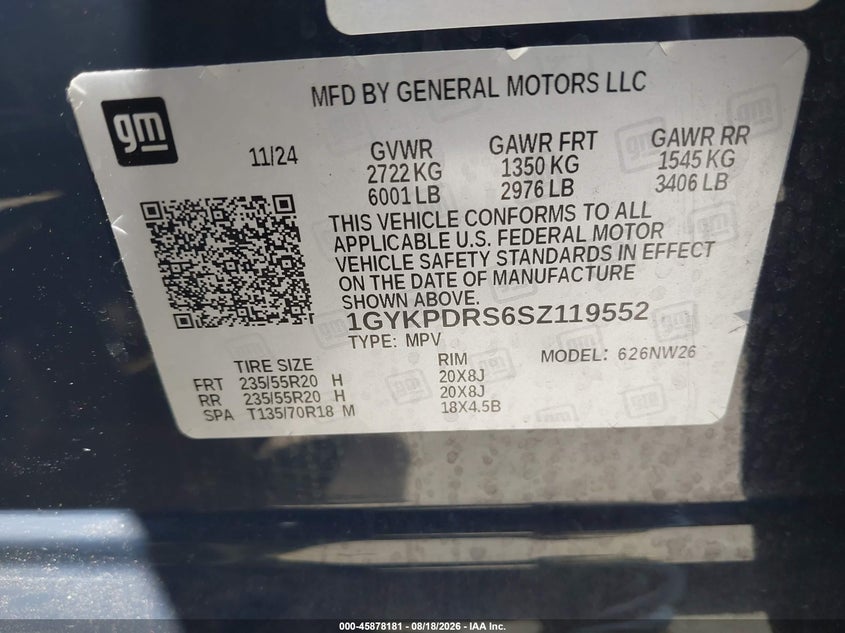 CADILLAC XT6 2025 VIN 1GYKPDRS6SZ119552