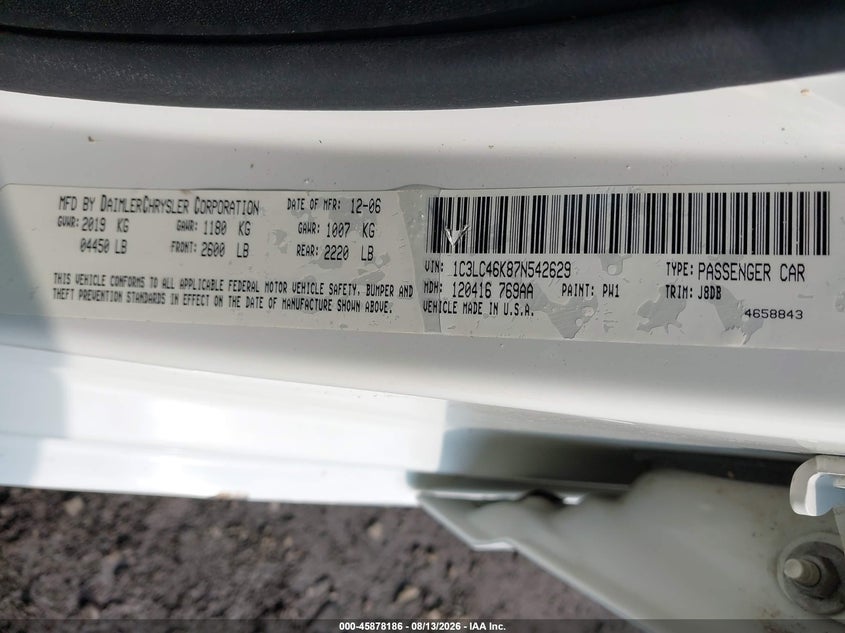 CHRYSLER SEBRING 2007 VIN 1C3LC46K87N542629