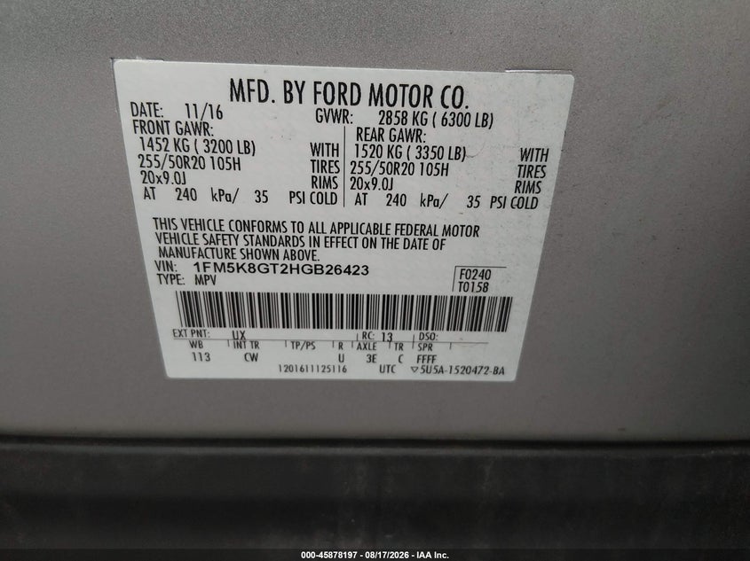 2017 FORD EXPLORER SPORT UTILITY VEHICLE 3.5L V-6 DI, DOHC, VVT, TURBO, 365HP