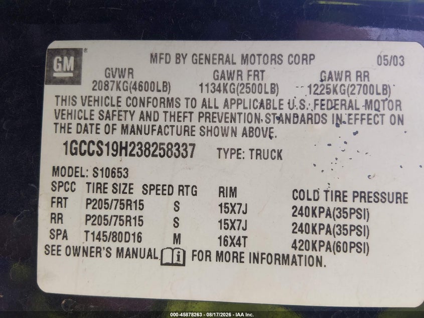 CHEVROLET S-10 2003 VIN 1GCCS19H238258337