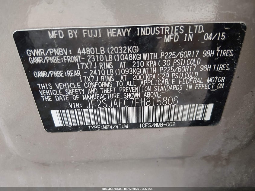 SUBARU FORESTER 2015 VIN JF2SJAFC7FH815806