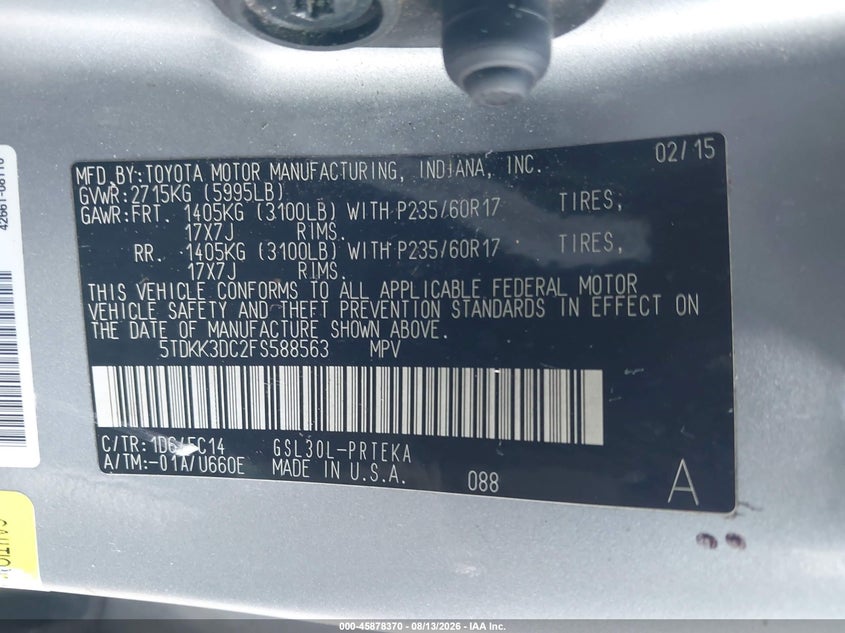 2015 TOYOTA SIENNA VAN 3.5L V-6 DOHC, VVT, 266HP