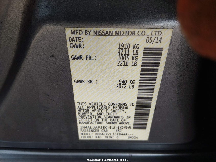 2014 NISSAN ALTIMA SEDAN 2.5L I-4 DOHC, VVT, 182HP