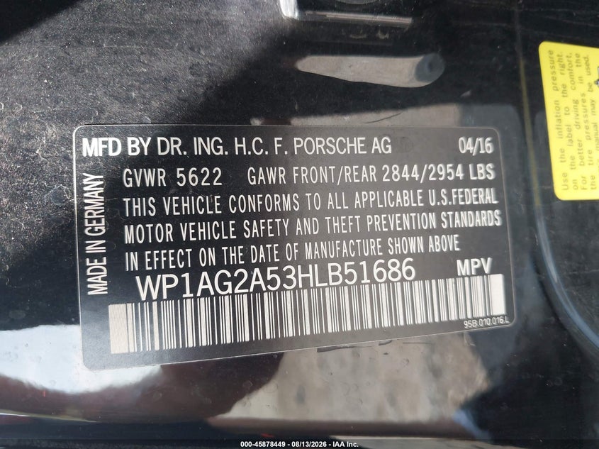 PORSCHE MACAN 2017 VIN WP1AG2A53HLB51686