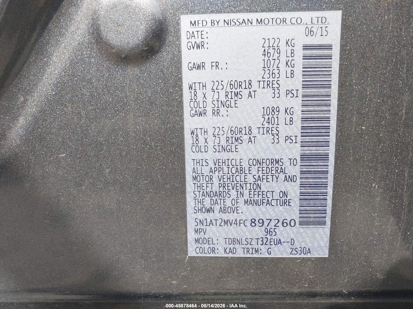 2015 NISSAN ROGUE SPORT UTILITY VEHICLE 2.5L I-4 DOHC, VVT, 170HP