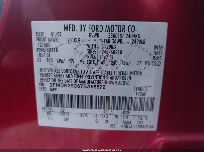 2007 FORD EDGE SPORT UTILITY VEHICLE 3.5L V-6 DOHC, VVT, 265HP