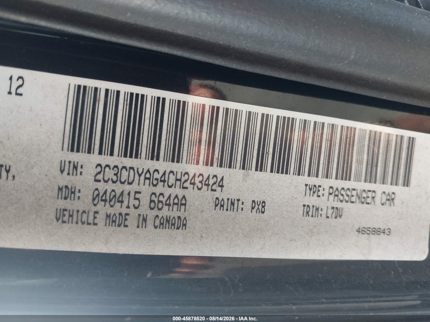 DODGE CHALLENGER 2012 VIN 2C3CDYAG4CH243424