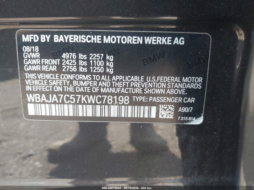 BMW 5 SERIES 2019 VIN WBAJA7C57KWC78198