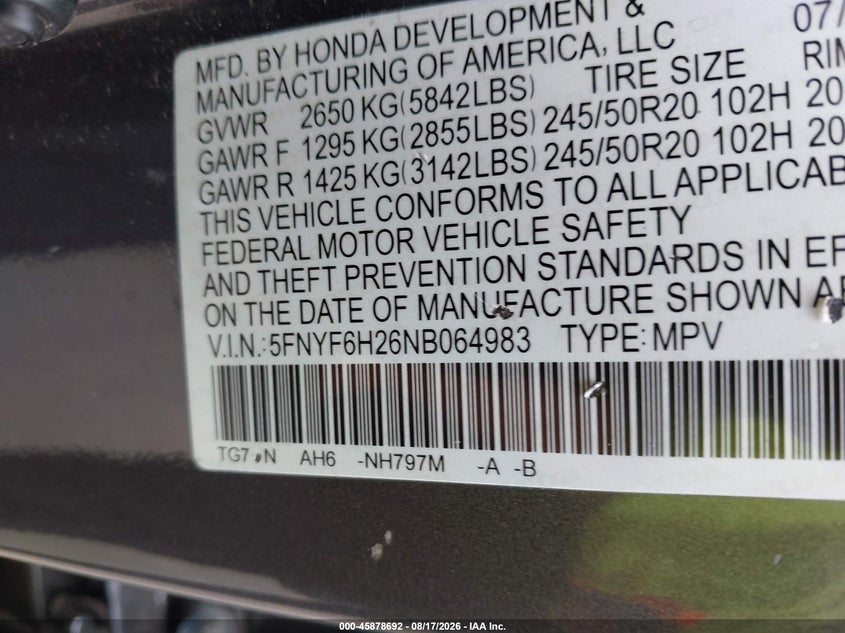 2022 HONDA PILOT SPORT UTILITY VEHICLE 3.5L V-6 DI, VVT, 280HP