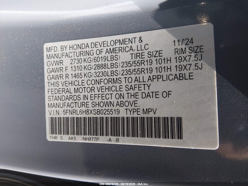 HONDA ODYSSEY 2025 VIN 5FNRL6H8XSB025519