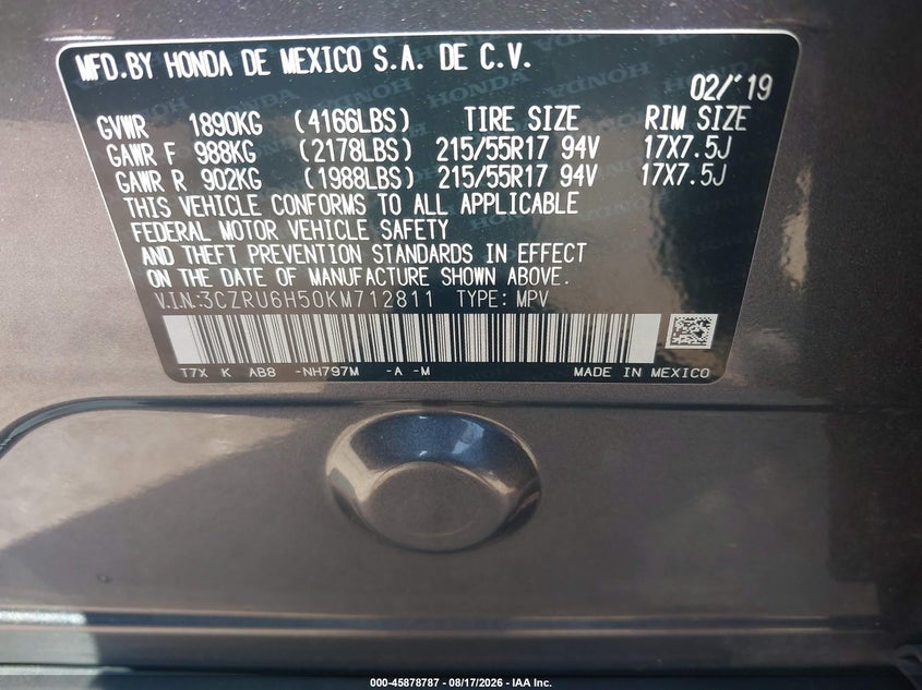 HONDA HR-V 2019 VIN 3CZRU6H50KM712811