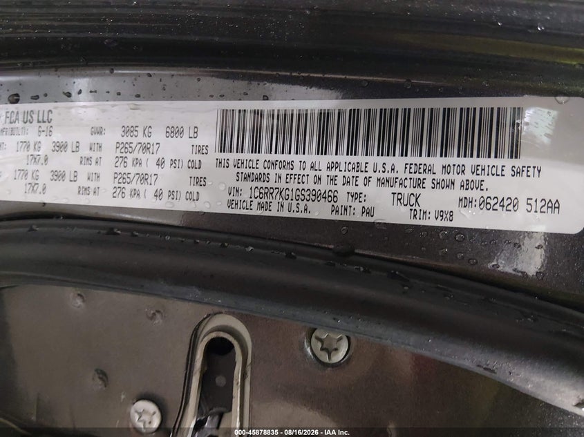 RAM 1500 2016 VIN 1C6RR7KG1GS390466