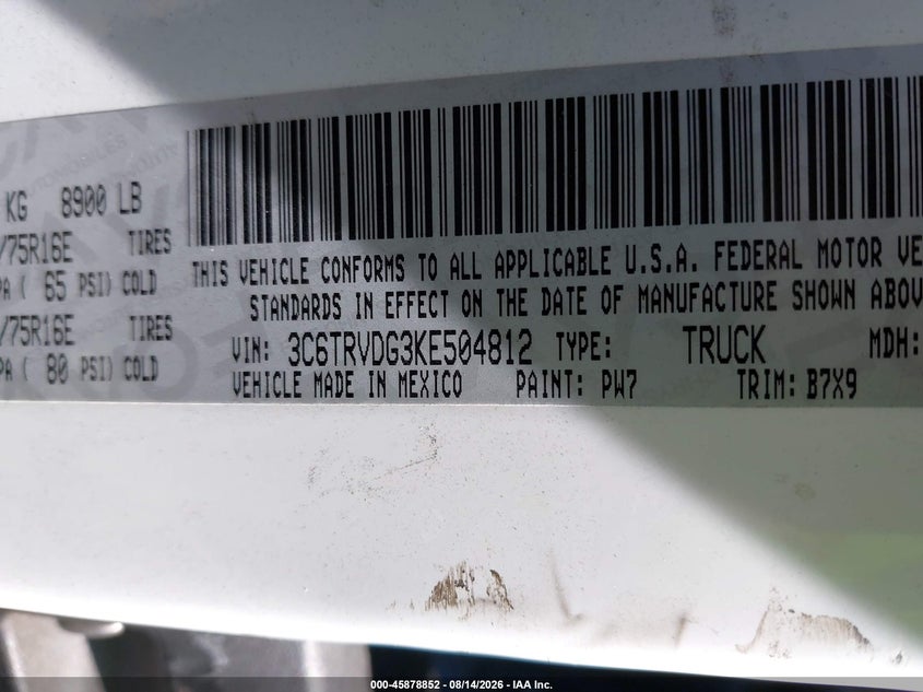 RAM PROMASTER 2500 2019 VIN 3C6TRVDG3KE504812