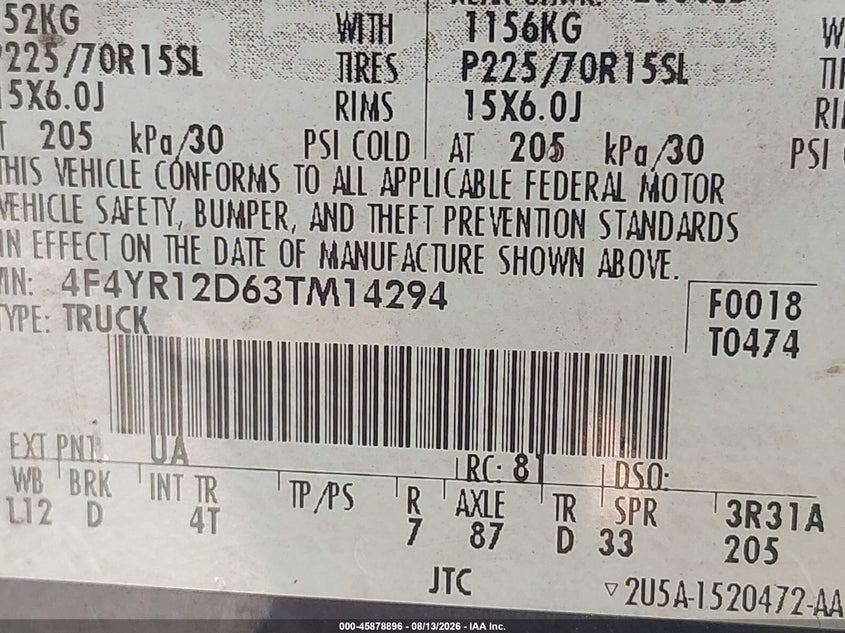 MAZDA B2300 2003 VIN 4F4YR12D63TM14294