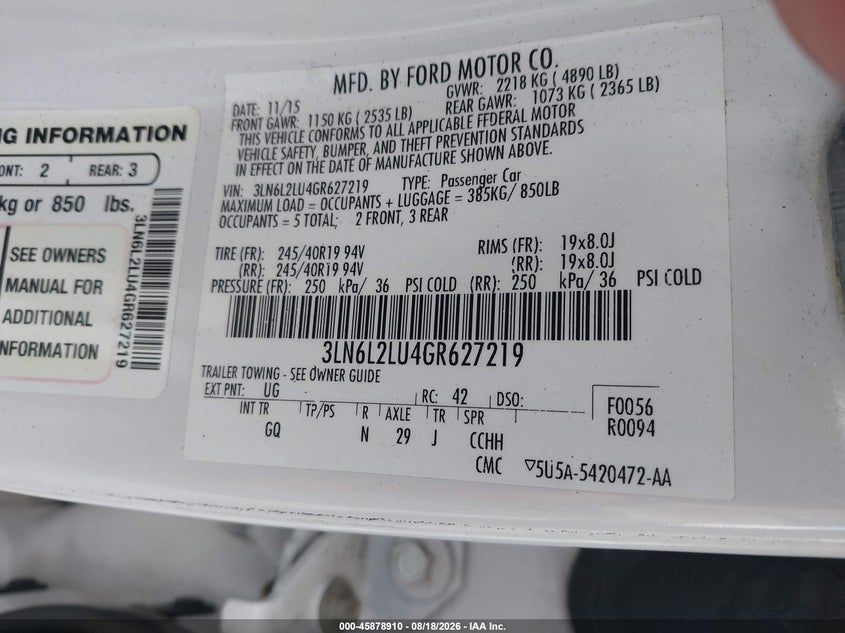 2016 LINCOLN MKZ SEDAN 2.0L I4 FI DOHC 16V NF4