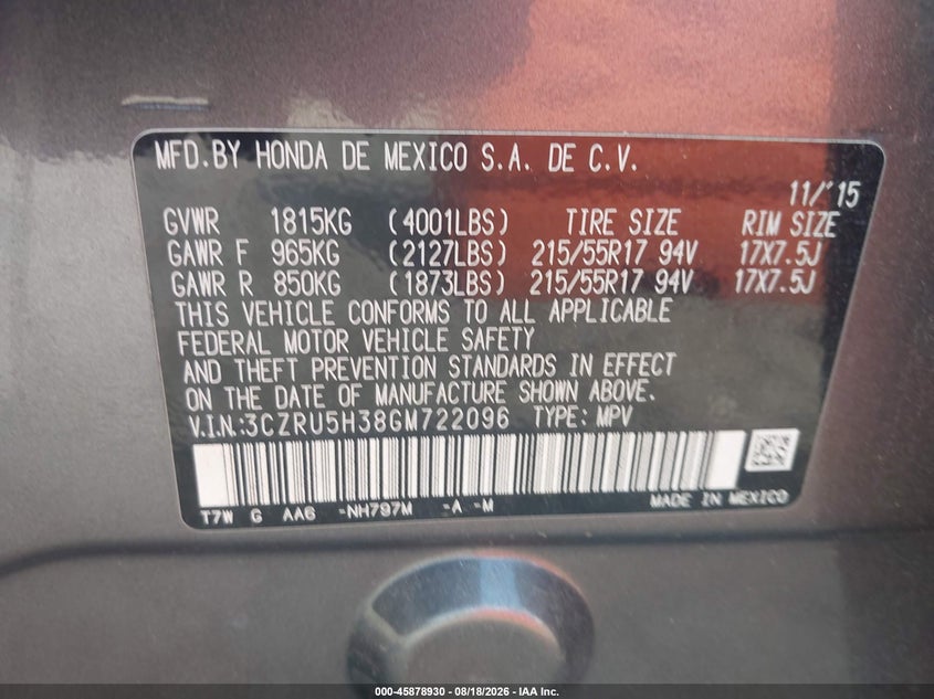 HONDA HR-V 2016 VIN 3CZRU5H38GM722096