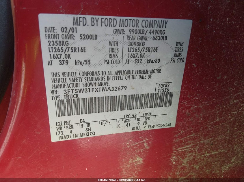 FORD F-350 2001 VIN 3FTSW31FX1MA52679