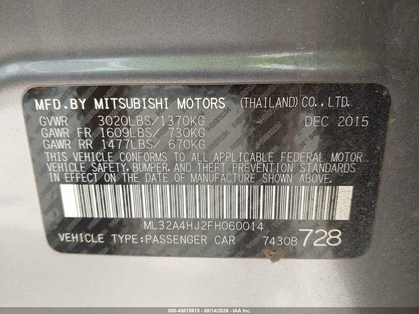 MITSUBISHI MIRAGE 2015 VIN ML32A4HJ2FH060014
