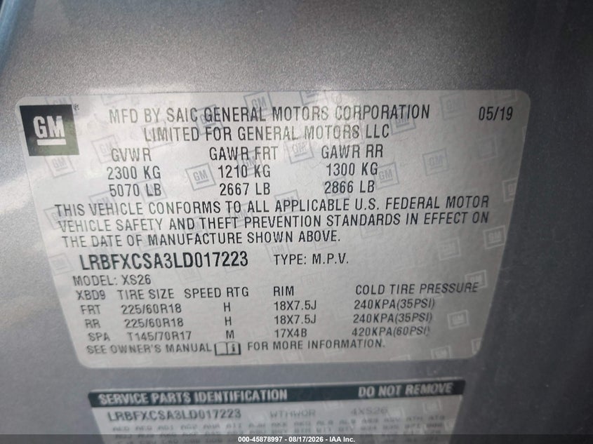 BUICK ENVISION 2020 VIN LRBFXCSA3LD017223