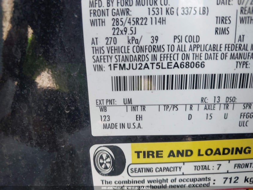 2020 FORD EXPEDITION SPORT UTILITY VEHICLE 3.5L V-6 DI, DOHC, VVT, TURBO, 375HP