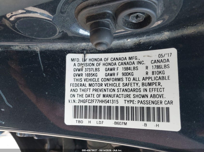 2017 HONDA CIVIC SEDAN 2.0L I-4 DOHC, VVT, 158HP