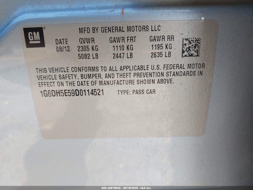 CADILLAC CTS 2013 VIN 1G6DH5E59D0114521
