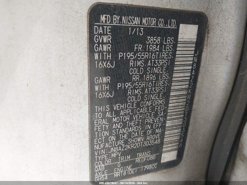 NISSAN CUBE 2013 VIN JN8AZ2KR2DT303548