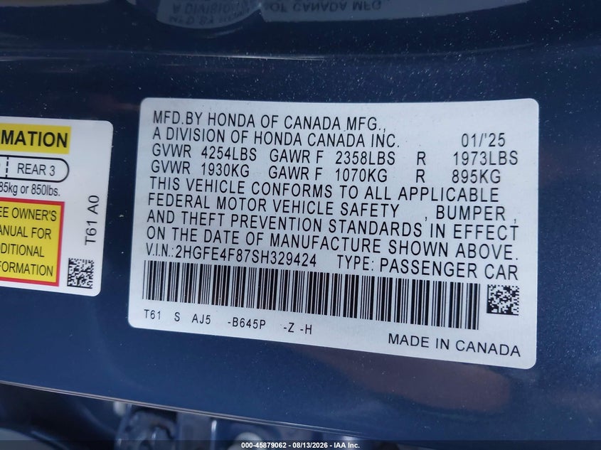 HONDA CIVIC HYBRID 2025 VIN 2HGFE4F87SH329424