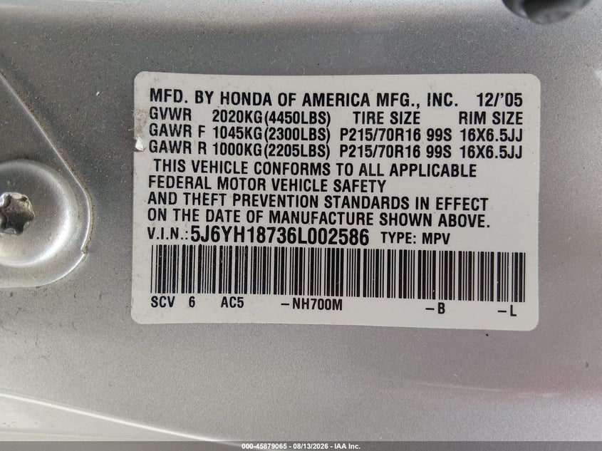 HONDA ELEMENT 2006 VIN 5J6YH18736L002586
