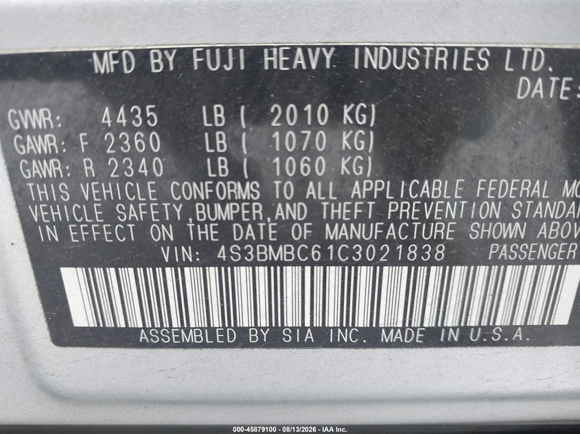 SUBARU LEGACY 2012 VIN 4S3BMBC61C3021838