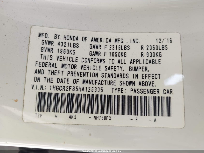 HONDA ACCORD 2017 VIN 1HGCR2F85HA125305