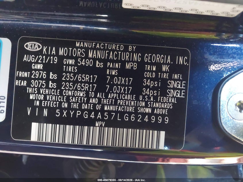 KIA SORENTO 2020 VIN 5XYPG4A57LG624999