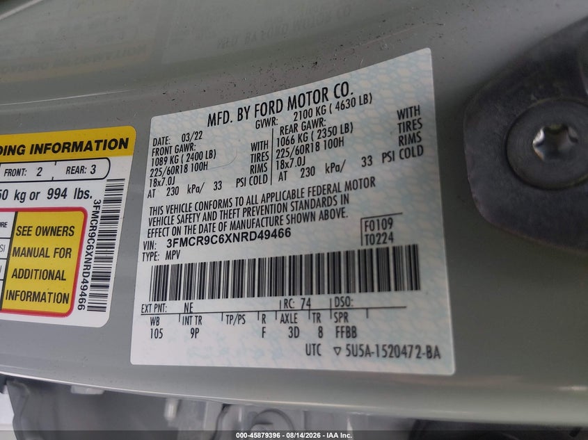 FORD BRONCO SPORT 2022 VIN 3FMCR9C6XNRD49466