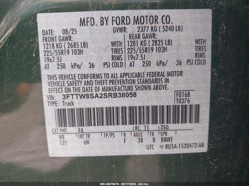 FORD MAVERICK 2025 VIN 3FTTW8SA2SRB38058