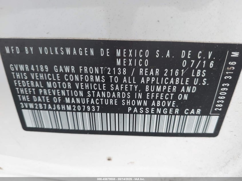 VOLKSWAGEN JETTA 2017 VIN 3VW2B7AJ6HM207937