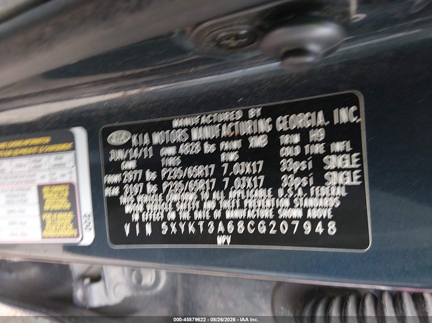 KIA SORENTO 2012 VIN 5XYKT3A68CG207948