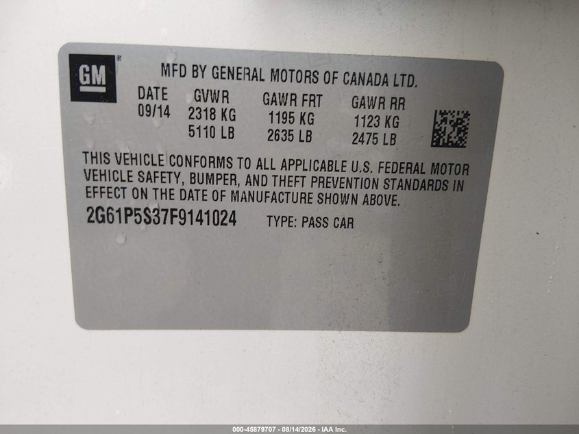 CADILLAC XTS 2015 VIN 2G61P5S37F9141024