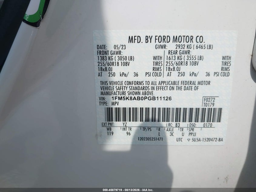 Vin: 1fm5k8ab0pgb11126, lot: 46378715, ford explorer police interceptor 20234