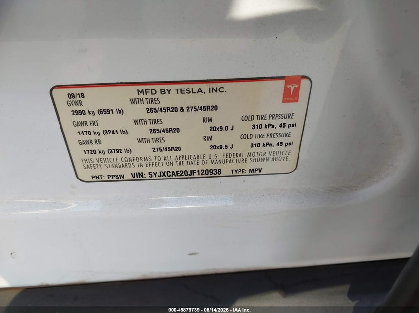TESLA MODEL X 2018 VIN 5YJXCAE20JF120938