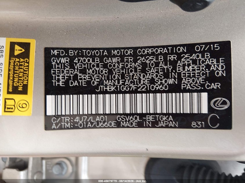 LEXUS ES 350 2015 VIN JTHBK1GG7F2210960