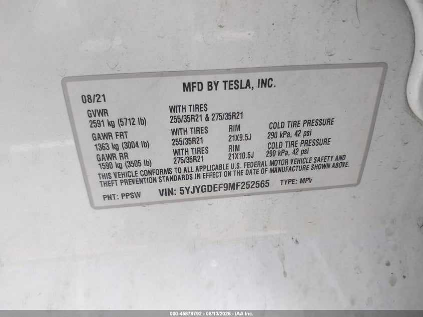 TESLA MODEL Y 2021 VIN 5YJYGDEF9MF252565