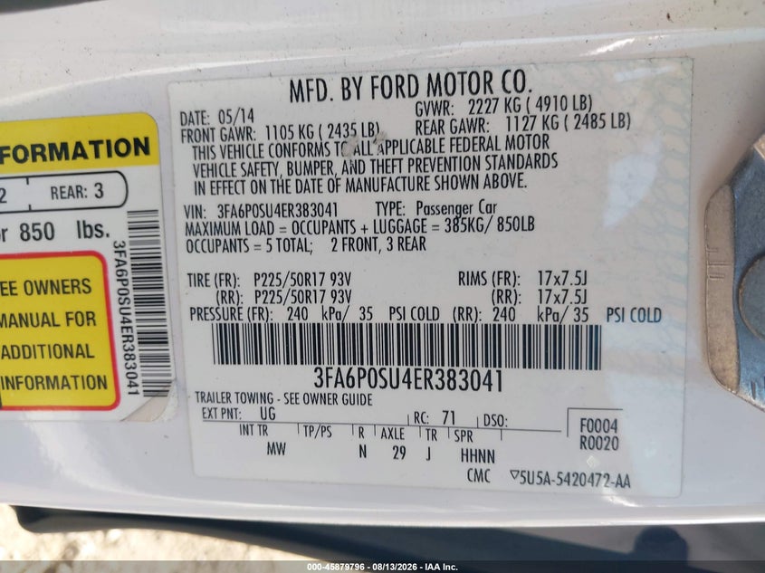 FORD FUSION ENERGI 2014 VIN 3FA6P0SU4ER383041