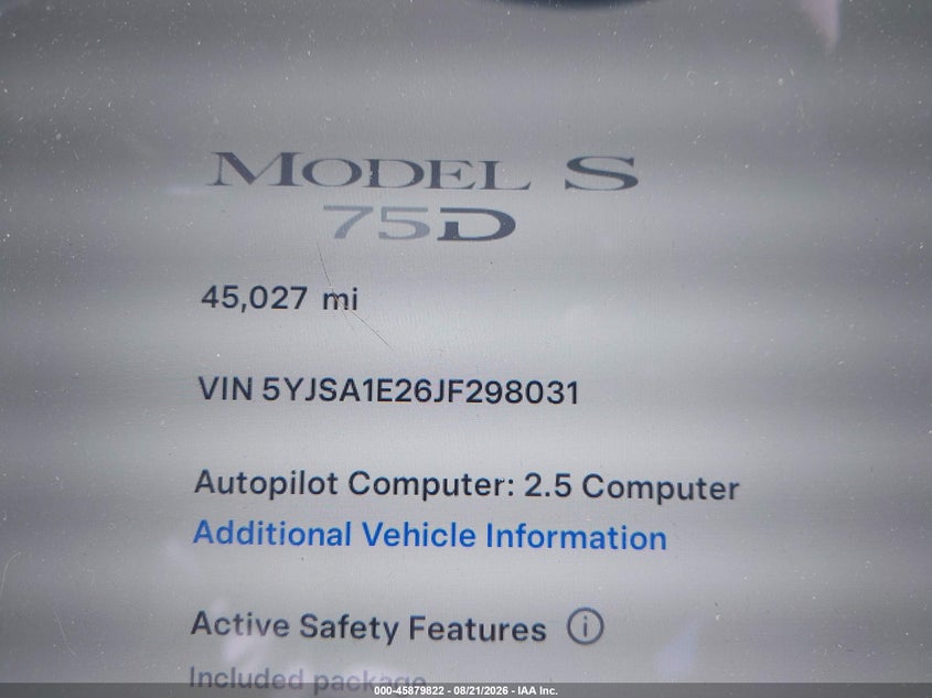 TESLA MODEL S 2018 VIN 5YJSA1E26JF298031