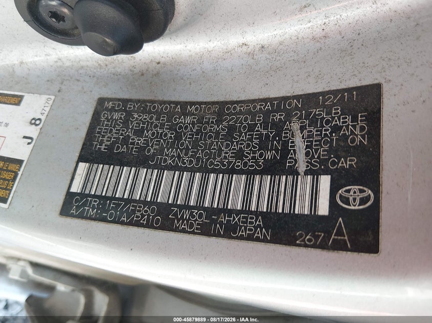 TOYOTA PRIUS 2012 VIN JTDKN3DU1C5378053