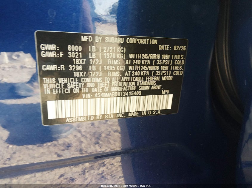 SUBARU ASCENT 2026 VIN 4S4WMABDXT3415409