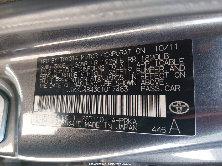 SCION XD 2012 VIN JTKKU4B43C1017483