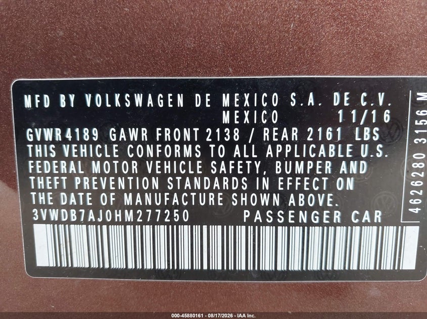2017 VOLKSWAGEN JETTA SEDAN 1.4L I-4 DI, DOHC, VVT, TURBO, 150HP