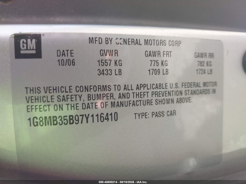 SATURN SKY 2007 VIN 1G8MB35B97Y116410