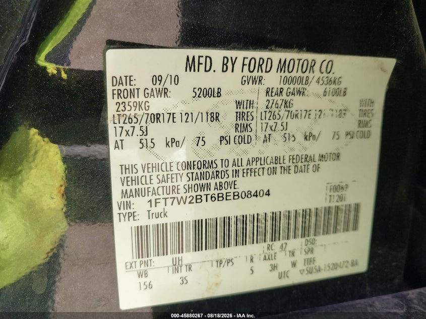 FORD F-250 2011 VIN 1FT7W2BT6BEB08404