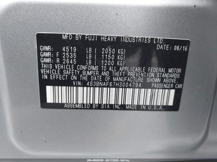 SUBARU LEGACY 2017 VIN 4S3BNAF67H3004794